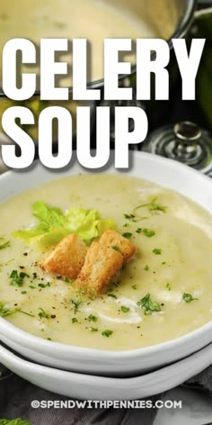 a bowl of soup with croutons and parsley on top, in front of the words celery soup