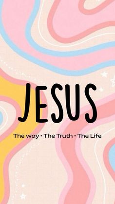 the word jesus is written in black on a pink, yellow and blue swirl background