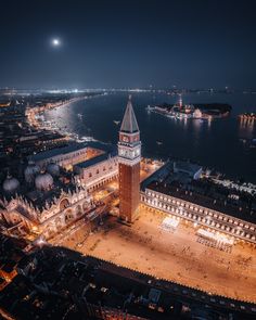 an aerial view of a city at night