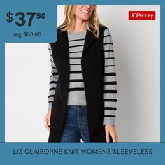 This Liz Claiborne sleeveless vest is a versatile layering essential to have on hand for cooler months. Crafted from a soft knit, this open front vest also features front pockets. Wear it over a t-shirt with jeans and boots.Closure Type: Open FrontFit: Regular FitNeckline: Open NeckPockets: 2 Front Slip PocketsSleeve Length: SleevelessApparel Length: 30 InchesFiber Content: 31% Polyester, 25% Viscose, 24% Acrylic, 20% NylonFabric Description: KnitCare: Dry Flat, Hand WashCountry of Origin: Impo… T Shirt With Jeans, Sleeveless Vest, Liz Claiborne, Soft Knits, Jeans And Boots, Shirts Tops, Wear It, Knitting, How To Wear