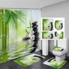 the bathroom is decorated in green and white colors with bamboo leaves on the shower curtain