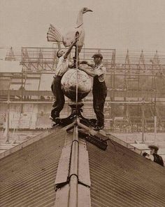 two men working on the roof of a building with a bird perched on top of it