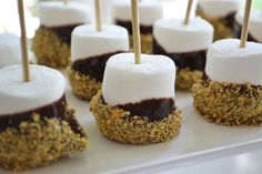 chocolate covered marshmallows with toothpicks in them on a white tray