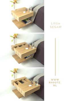 two pictures of a small wooden table with drawers