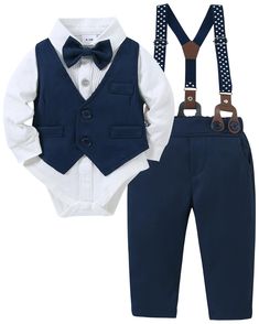 PRICES MAY VARY. MATERIAL: The baby boy suits is made of High quality cotton blend fabric , soft, breathable and skin friendly. The top with removable bowtie and buttons at the bottom of the shirt for easy diaper changes, practical and convenient. DESIGN INSPIRATION: A dashing baby boy outfits ensemble featuring classic and innovative color combinations to add depth. The vest boasts a V-neck and faux pocket design, ensuring your little one stands out in the crowd, radiating a handsome and eye-ca Baby Boy Dressy Outfits, Boys Dressy Outfits, Infant Boy, Newborn Boy Clothes, Suspender Pants, Church Events, 6 Month Baby, Shirt Vest