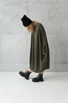 Long Jersey Dress | Dresses Online | Green Loose Tunic | Dress Plus Size | Cotton Khaki Dress | Sweatshirt Dress | Oversized Tunic by DIDRESS on Etsy Oversize Dress Outfit, Oversized Tunic Dress, Long Jersey Dress, Modern Dresses, Loose Tunic, Comic Characters, Slow Fashion Movement, Red Evening Dress, Oversized Tunic