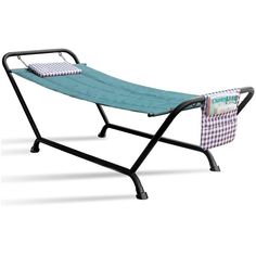 a blue and white checkered hammock sitting on top of a metal stand