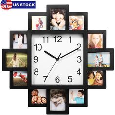 a square clock with multiple pictures on the face and numbers in different frames around it