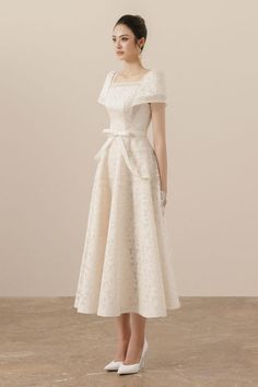 Esme A-line Square Neck Mesh Lace Midi Dress | MEAN BLVD White And Beige Dress, Elegant Beige A-line Lace Dress, Elegant Lace Tea Length Evening Dress, Square Neck Lace Dress With Lace Patchwork, Elegant Fitted Lace Tea Length Dress, Square Neck Lace Patchwork Dress, Lace Patchwork Square Neck Dress, Elegant Fit And Flare Lace Wedding Dress, Feminine Lace Dress With Square Neck For Party