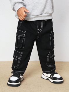 Baby Boys Trendy Cool Multiple Pockets And Contrast Stitching Denim Black Jeans,Versatile For Outdoor Wear Outfits Black    Denim Geometric,Plain Bottoms Non-Stretch  Baby Boys Clothing, size features are:Bust: ,Length: ,Sleeve Length: Black Jeans With Contrast Stitching For Fall, Casual Black Patchwork Jeans, Black Cotton Jeans With Contrast Stitching, Black Denim Cargo Jeans For Spring, Black Denim Cargo Jeans With Contrast Stitching, Black Denim Bottoms With Contrast Stitching, Black Patchwork Denim Jeans, Black Denim Jeans With Contrast Stitching, Boys Denim