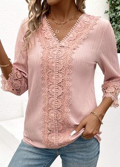 Embroidered Lace V-neck Top, Lace V-neck Blouse With Floral Embroidery, Pink Long Sleeve Tops With Lace Patchwork, Pink Long Sleeve Top With Lace Patchwork, Pink V-neck Patchwork Top, Lace Patchwork Tops, Pink Long Sleeve Lace Blouse, Long Sleeve Pink Lace Blouse, Denim Short Jumpsuit