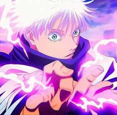 an anime character with white hair and blue eyes pointing to the side, in front of purple clouds