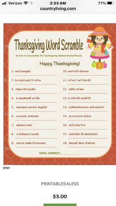 the thanksgiving word scramble is on sale for $ 3, 500 and it's free to print