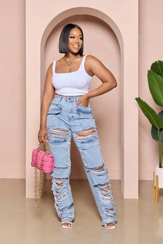 This Women's Summer Loose High Waist Wide Leg Ripped Denim Pants Casual Jeans Design Made Of Durable And Stretchy Jeans Fabric. It Is a Must-Have Item For Daily Life. Trendy Wholesale Jeans Is a Indispensable Item For Everyday Fashion. Women’s Jeans With High Waist Is a Must Have Trousers That Lengthening Your Leg Lines And Tightening The Excess Flesh Of Your Waist. Grab a Must Have High Waist Jeans Wholesale For Your Closet, Just Choose Different Matching Tops To Control Every Occasion Easily. Ripped Jeans Women, Ripped Denim Pants, Denim Patterns, Stretchy Jeans, Pants Casual, Ripped Denim, Designer Jeans, Straight Pants, Grunge Fashion