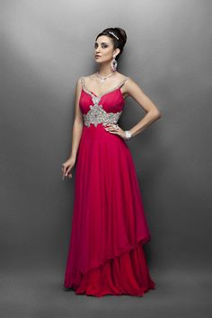 Pink & Red chiffon gown with accented with silver, gold & light blue ornate embroidered belt and straps. There is pleating in the bust & back bodice Red Chiffon Gown, Embroidered Belt, Red Bridesmaid Dresses, Red Chiffon, Moda Chic, Gowns Online, Chiffon Gown, Indian Wedding Dress, Gold Light