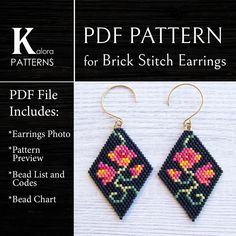 a pair of cross stitched earrings with flowers on the front and back, in different colors