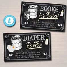 two black chalkboard signs that say books for baby and diaper raffles