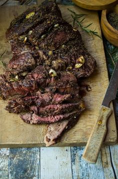 the steak is sliced up and ready to be served