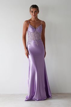 Highlights Gorgeous mermaid glitter gown with stunning embellished bust Padded bust Available in Navy & Lilac Sizing The model is 5'10 and wears UK size 8 / S / US size 4 Fit & Fabric Made from 100% Polyester Rear zipper Double lined Length from top of bust to hem: 155cm Stretch: 5/10 Perfect for Debs and Proms Formal Events Mermaid Hem Evening Dress With Rhinestones For Gala, Gala Evening Dress With Rhinestones And Mermaid Hem, Mermaid Gown With Fitted Bodice For Prom Season, Glamorous Mermaid Prom Dress With Sweetheart Neckline, Glamorous Fitted Bodice Mermaid Dress For Homecoming, Embellished Mermaid Gown For Prom Season, Glamorous Mermaid Gown For Homecoming, Fitted Evening Dress With Beaded Straps For Homecoming, Glamorous Mermaid Dress With Sweetheart Neckline For Prom