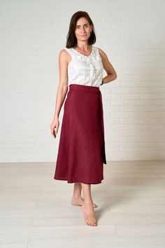 "The skirt is made of soft linen of medium density.High waisted skirt. Wrap linen skirt for any season.Size S. Model's height - 165 cm (65\") CARE INSTRUCTION :  Machine wash 40o C  Tumble dry low,  No ironing needed,  Do not bleach or use oxidizing agents. We're working only european 100% linen - organic and OEKO-Tex® certified. Thank you for visiting our store. We can make a skirt by individual measures." Make A Skirt, Linen Midi Skirt, Burgundy Skirt, How To Make Skirt, Skirt Wrap, Linen Skirt, Estonia, Tumble Dryer, High Waisted Skirt