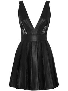 black leather sheer lace panelling plunging V-neck sleeveless open back concealed rear zip fastening pleated skirt straight hem thigh-length Rocker Chic Outfit, Mini Dress Lace, Skirt Straight, Leather Mini Dress, Full Circle Skirts, Dolce E Gabbana, Formal Style, Philipp Plein, Full Circle