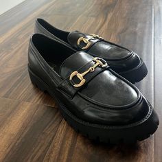 Black Loafers With Gold Hardware. Small Platform/Chunky Heel. Never Worn Luxury Women's Platform Loafers With Removable Insole, Chanel Platform Loafers, Modern Luxury Loafers With Branded Heel Counter, Chunky Loafers, Platform Heels Chunky, Black Loafers, Chunky Heel, Chunky Heels, Flat Shoes Women