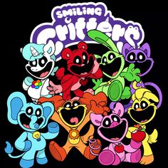 the cartoon characters are smiling and posing together for a group photo in front of a black background