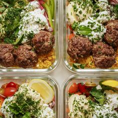 four plastic containers filled with meatballs, rice and veggies on top of each other