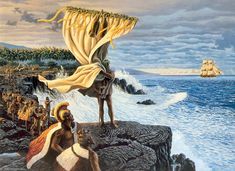 a painting of a man standing on top of a cliff next to the ocean with other people