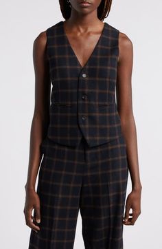 A deep-hued plaid readies you for the layering seasons in this trim wool-blend vest. Front button closure V-neck Lined 60% wool, 40% polyester Dry clean Imported Classic Plaid Vest For Fall, Classic Fitted Plaid Tops, Plaid Button Closure Workwear Top, Plaid Top For Fall Workwear, Plaid Tops For Workwear In Fall, Plaid Buttoned Top For Workwear, Fitted Plaid Tops For Business Casual, Fabric Gift Bags, Fabric Gifts