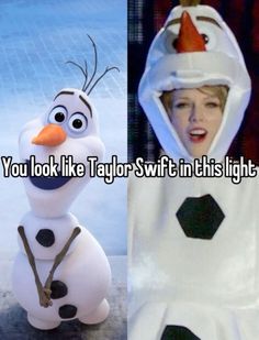 an image of a woman wearing a snowman costume with the caption, you look like taylor swift in this light