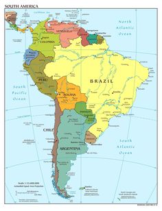 a map of south america with all the states and their major cities on it's borders