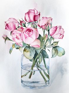 a watercolor painting of pink roses in a glass vase