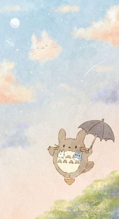 an animal flying through the air with an umbrella in it's mouth and clouds above