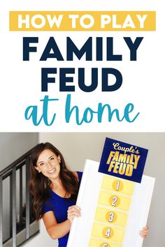 a woman holding up a family game board with the words how to play family fud at home