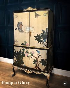 "This beautiful cabinet is now sold and shows what can be recreated   from our current stock. Scroll through to see what we have available  that can be transformed with this amazing print and paint colour of your choice.  These are cabinets I specialise in refinishing so wether you are a fan of lots of gold leaf or something more subdued we can create a beautiful cabinet to your requirements.  Creation time takes around 3   weeks with each piece being created to order and excludes delivery time.  if you can't see the style of cabinet that you like we can source the perfect piece for you. I only sell items that I would be proud to have in my own home and each piece is professionally refinished by hand and take many many hours to complete. With many years of experience under our belt you can Japanese Cabinet, Refinished Vintage Furniture, Chinoiserie Furniture, Sideboard Drinks Cabinet, Cocktail Cabinet, China Cabinets, Beautiful Cabinet, Large Cabinet, Diy Furniture Renovation