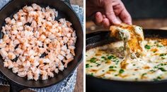 two pictures side by side, one with shrimp and the other with cheese in a skillet