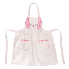 a white apron with pink flowers and bunny ears on the front, one pocket is open