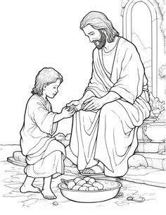 the jesus is giving bread to a child