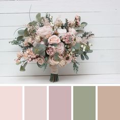 a bouquet of flowers is shown in shades of pink, green and grey with the same color scheme