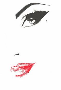 a drawing of a woman's face with red lipstick on the lips and eyebrows