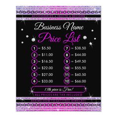 a price list for a business card with diamonds on the front and purple trimmings