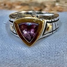 This Sterling Silver John Atencio Designer Ring Is In Excellent Used Condition. Modern Setting With Lots Of Detail With 18k Gold Accents Around Pink Trillion Cz (Three Sided Stone). See Photos. 7 Rings, Jewelry Designer, Womens Jewelry Rings, Gold Accents, Ring Designs, Stone Color, 18k Gold, Size 7, Women Jewelry