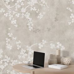 Wall Mural Soft Sakura Blossom - Neutral Floral Wallpaper Sakura Blossom Wallpaper, Mural Minimalist, Wallpaper For Renters, Wallpapered Entryway, Bedroom Wallpaper Murals, Peel And Stick Mural, Chinoiserie Mural, Blossom Wallpaper, Playroom Wallpaper