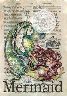 an old book with mermaids on it and the words mermaid written in different languages