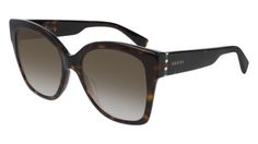 Elevate your style with the Gucci GG0459S 002 Havana/Brown sunglasses from OSSA FRAMES. These stunning cat eye frames are the perfect statement piece for any fashion-forward woman. The Havana acetate frame exudes luxury and sophistication, while the brown lenses provide a classic and timeless look. With a lens socket width of 54 and a temple length of 145, these sunglasses are designed to provide a comfortable and flattering fit for all-day wear. The bridge size of 19 ensures a secure and stable fit on a variety of face shapes. Whether you're soaking up the sun on a tropical vacation or running errands around town, the Gucci GG0459S will elevate your look with effortless elegance. Crafted with the highest quality materials, these sunglasses are not only stylish but also durable and long-la Gucci Brand, Lettering Logo, Brown Sunglasses, Havana Brown, Rectangle Sunglasses, Cat Eye Frames, Gucci Sunglasses, Eyewear Design, International Fashion