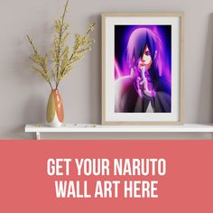 a shelf with two vases and a painting on it that says, get your naruto wall art here