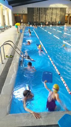 people are in the swimming pool with their hats on