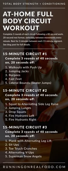 a woman sitting in front of a laptop computer on top of a wooden table with the words at home full body circuit workout