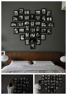 a bed sitting in a bedroom next to a wall with pictures on it